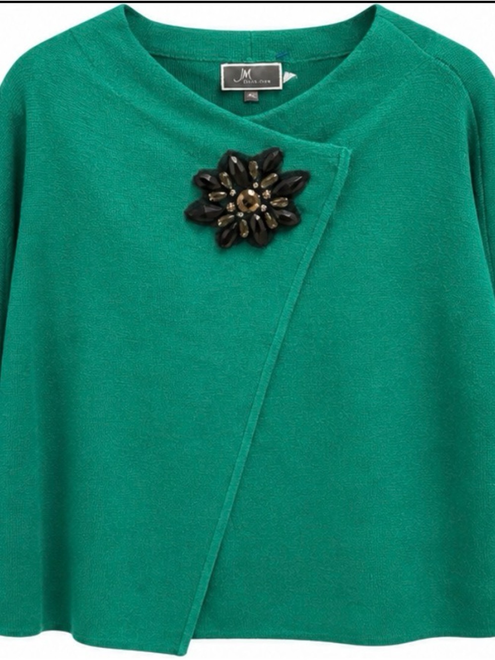 JM Collection Green Knit Poncho with Black Jeweled Brooch